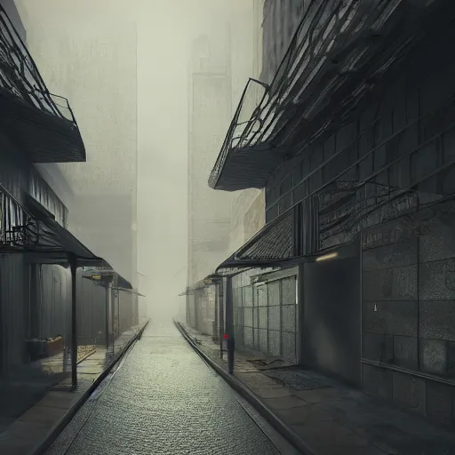 Prompt: narrow street, timber architecture, facade, metal, glass, daylight, landscape, octane render, highly detailed, intricate, smoking factories, brutalist city, dark athmosphere, noir, heavy texture, hyper realist, 4 k, extreme detail, cinematic lighting, foggy, smog