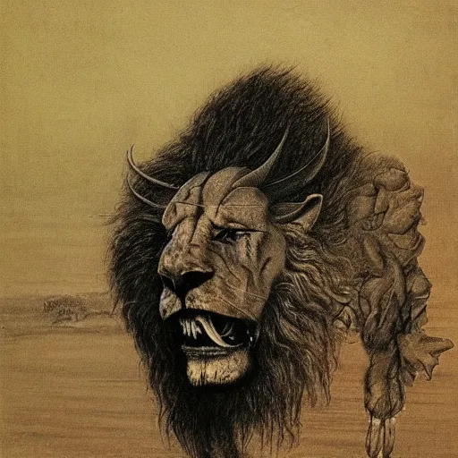 Prompt: monster with with four faces : man, lion, eagle, bull. drawn by zdzislaw beksinski