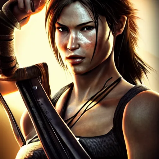 Prompt: Lara croft as samurai:: photorealistic::1 direct sunlight::1