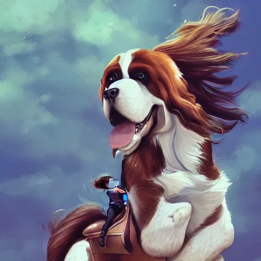 Image similar to girl riding giant saint Bernard in the park, trending on artstation