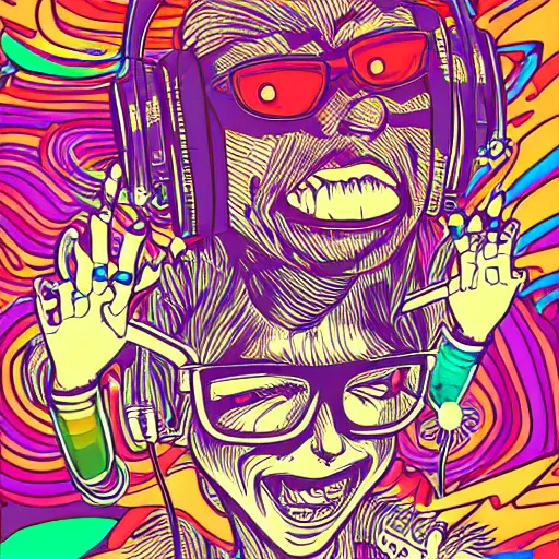 Prompt: artgerm, psychedelic laughing cybertronic waldo, rocking out, headphones dj rave, digital artwork, r. crumb, svg vector