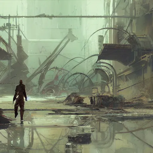 Image similar to abandoned factory landscape. Concept art by Craig Mullins, Ryan Church, Finnian Macmanus, Sung Choi, Sparth, Hugh Ferriss and John Harris. Epic cinematic environment keyframe splash concept art trending on ArtStation