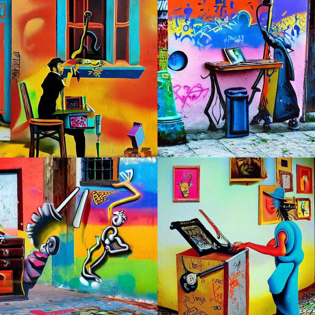 Prompt: Slavic desk jockey, colorful, graffiti, salvador dali