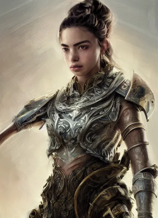 Image similar to a professional portrait of a beautiful young female, clothed in ethereal battle armor, olive skin, long dark hair, beautiful bone structure, symmetrical facial features, intricate, elegant, digital painting, concept art, smooth, sharp focus, finely detailed, illustration, from Valerian and the City of a Thousand Planets, in the style of Ruan Jia and Mandy Jurgens and Artgerm and Greg Rutkowski and William-Adolphe Bouguerea