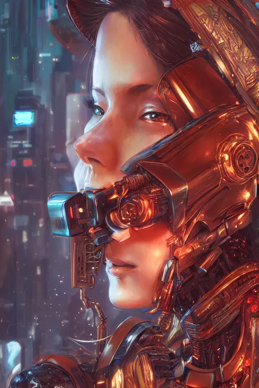 Image similar to Portrait of a cyberpunk cyborg , D&D, sci fi fantasy, intricate, gold and red, richly detailed colored , art by Range Murata, highly detailed, 3d, octane render, bright colors, digital painting, trending on artstation, sharp focus, illustration style of Stanley Artgerm,