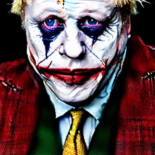 Image similar to uhd photorealisitc candid photo of boris johnson as the joker. correct makeup. correct face, accurate face. photo by annie leibowitz and steve mccurry