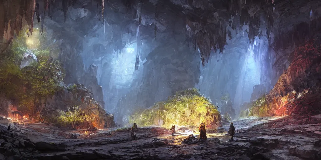 Image similar to The underground cavern of Blackreach as Far Cry 4 concept art, spring season, beautiful, gorgeous buildings, oil painting, painting by Viktor Vasnetsov, concept art, underground landscape, cavern bioluminescence, painting by Ivan Shishkin, hyperborea, high resolution, trending on artstation,