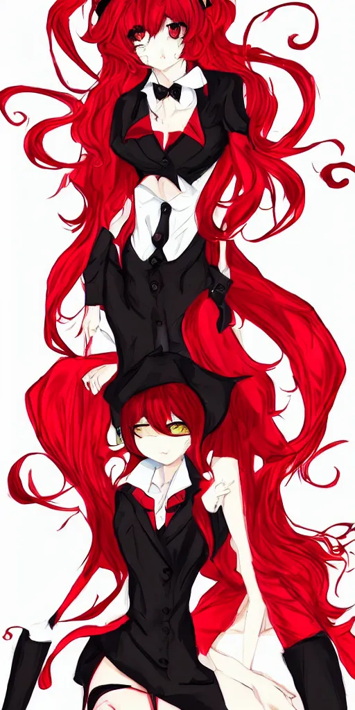 Prompt: demon girl wearing luxury red and black suits, full body, anime, trending in pixiv, neat color pattern