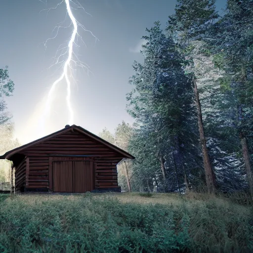 Image similar to a ultra realistic blue lightning arc over a cabin in the wood. complex, highly detailed, unreal engine 5, 8 k render