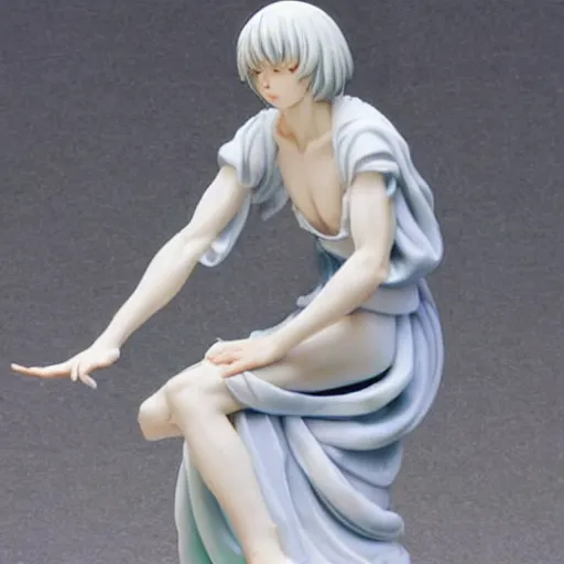 Prompt: renaissance marble statue of kawaii rei ayanami kneeling relaxed wearing flowing robes