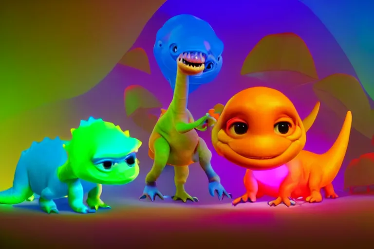 Image similar to pixar designed cute, smiling chibi style baby dinosaurs made entirely out of glowing electrified hypercolor plasma, having fun inside a psychedelic realm made entirely out of love and acceptance and hypercolors. astral beings sharing love. renderman, ray tracing, symmetrical faces, 3 d models