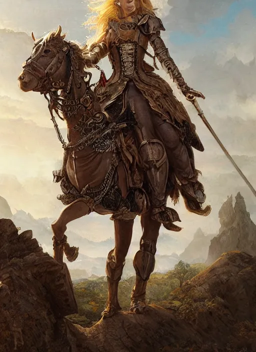 Image similar to highly detailed steampunk armor on a blond who is standing on a rock : leonardo da vinci, greg rutkowski, magali villeneuve