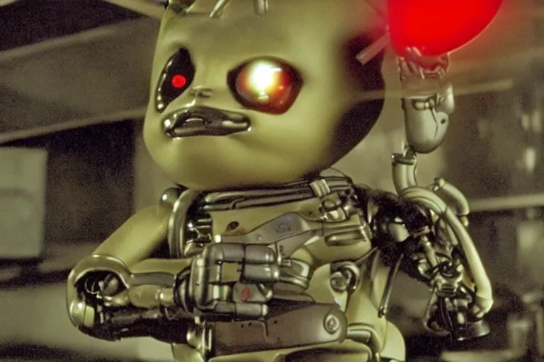 Image similar to Terminator Pikachu scene where his endoskeleton gets exposed and his eye glows red, still from the film by H. R. Giger in color