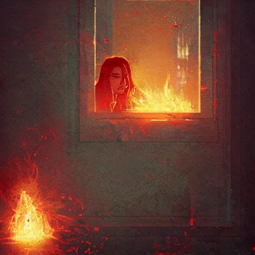 Image similar to she is watching how her digital past is burning with glitched flames made of bits, by greg rutkowski and esao andrews