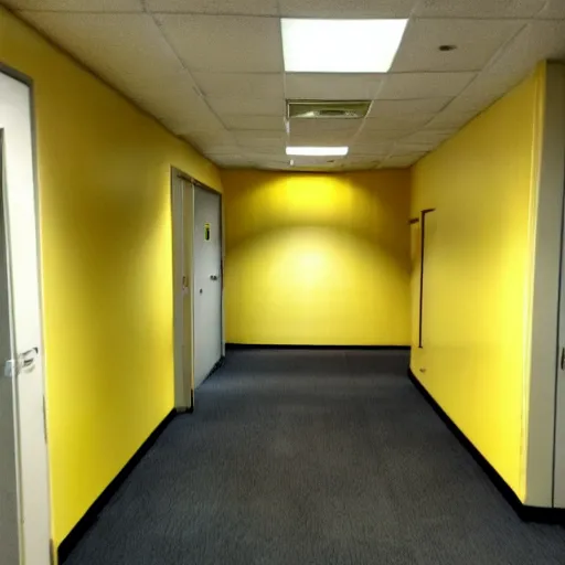 Image similar to low quality photo of the backrooms, mono - yellow old moist carpet randomly connected infinite empty office space yellow colors warm light ominous yellow wallpaper 9 0 s