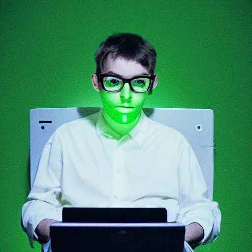 Image similar to computer nerd sitting in a dark room in front of laptop computer, green computer glow on face, photograph, kodak film, realism,