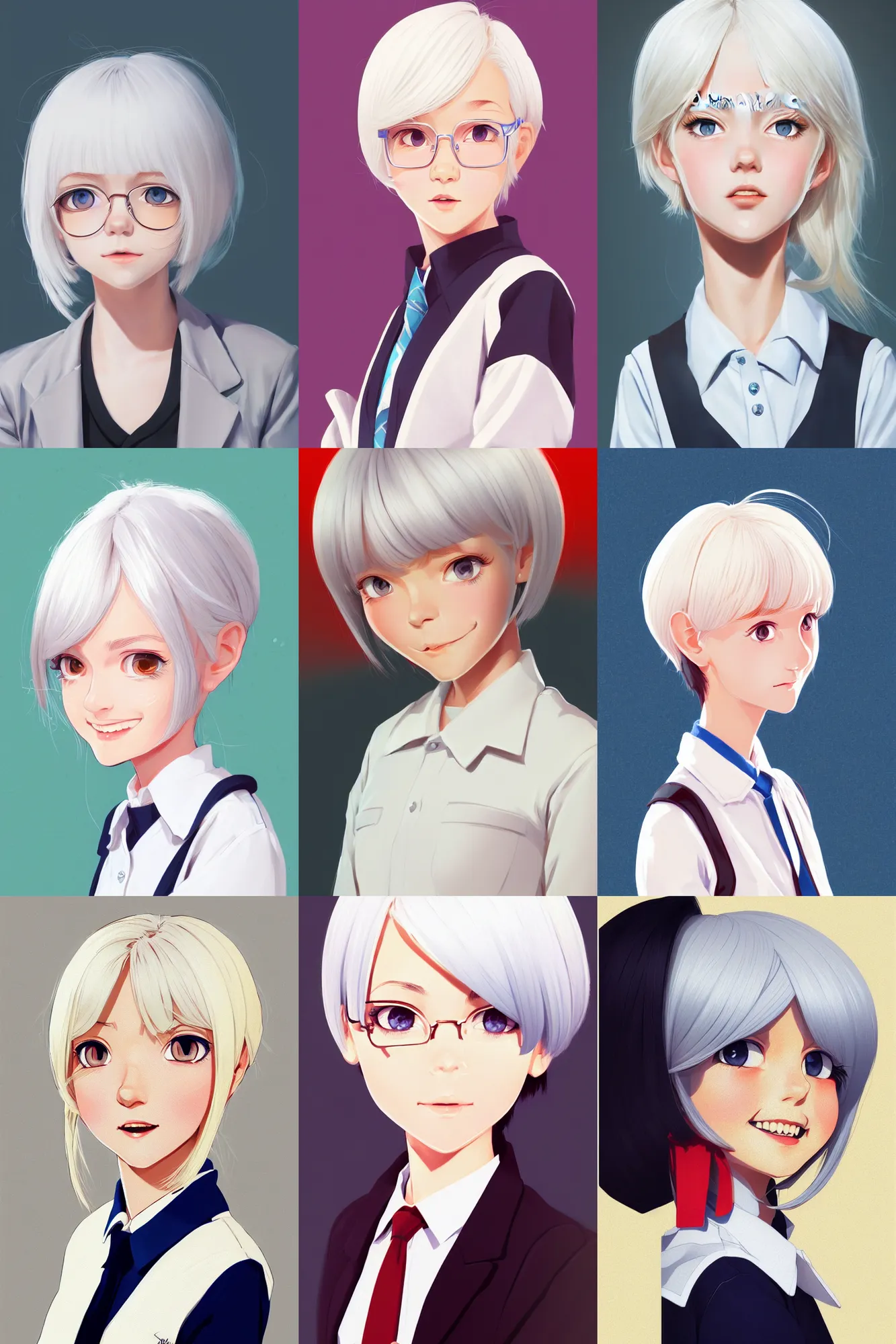 Image similar to a headshot of a very happy cute girl with shoulder - length white hair wearing school uniform, sharp focus, illustration, morandi color scheme, art station, high detailed, by ilya kuvshinov