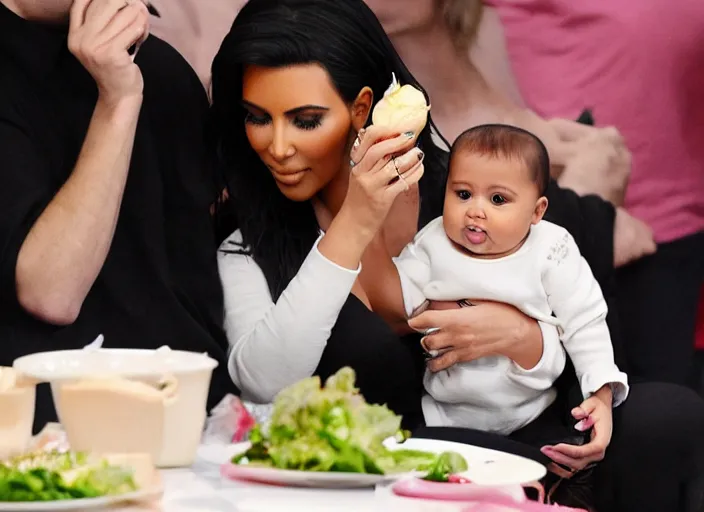 Image similar to a photograph of Kim Kardashian eating a baby