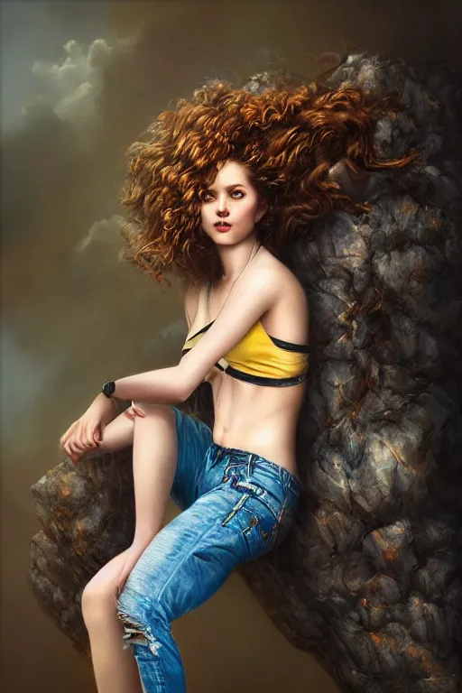 Prompt: a stunning ultra realistic fine art painting of a teenage female rock climber wearing loose jeans, blonde brunette curly hair, by tom bagshaw, studio portrait, vivid colors, detailed hair, 4K