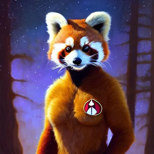 Image similar to a portrait of a female red panda in starfleet uniform at night in a dark forest. zootopia fursona furaffinity furry art detailed face painting by gaston bussiere craig mullins jc leyendecker gustav klimt artgerm greg rutkowski furry