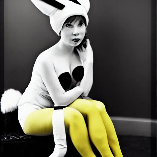 Image similar to elegant woman dressed up as pikachu, wearing stockings, photo by David Hamilton,