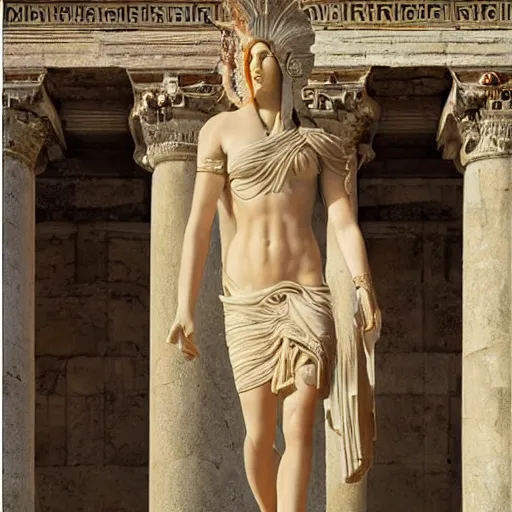 Prompt: young ancient greek godess in helmet, giant gray-haired bearded male head in background, ancient greek temple in background, by David Ligare, wide angle landscape, award winning masterpiece with incredible details, epic stunning, infinity pool, highly detailed, trending on ArtStation, artgerm and greg rutkowski and alphonse mucha, IAMAG, broken giant marble head statue ruins, golden hour