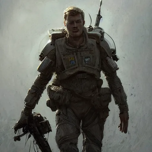 Image similar to portrait of a man by greg rutkowski, alexander ludwig as a colonial marine from aliens franchise, he is about 3 0 years old, military composure, wearing the tactical gear of the colonial marines, highly detailed portrait, digital painting, artstation, concept art, smooth, sharp foccus ilustration, artstation hq