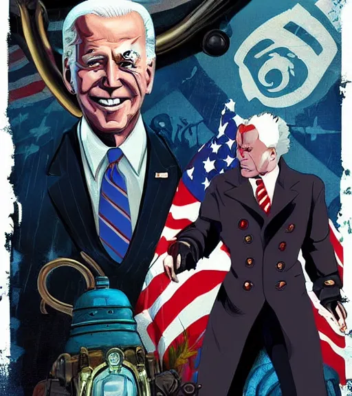 Prompt: joe biden, bioshock artstation, bioshock screenshot lovecraftian fan art, patriot, artgerm