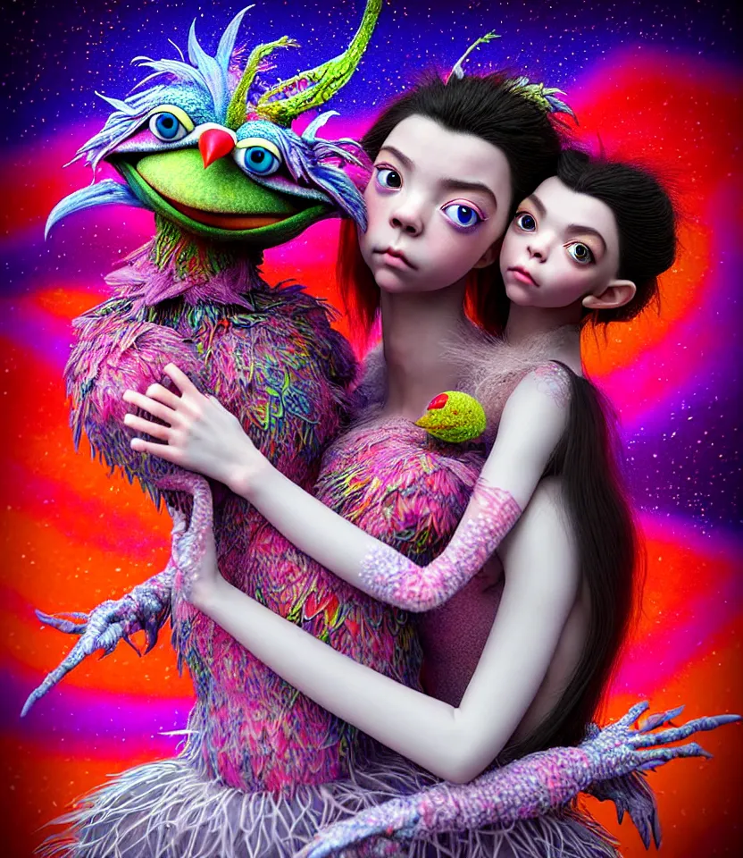 Image similar to hyper detailed 3d render like a Oil painting - kawaii portrait of hopeful lovers hugging tight or kissing pecking adorably Aurora (a beautiful girl skeksis muppet fae princess protective playful expressive acrobatic from dark crystal that looks like Anya Taylor-Joy) seen red carpet photoshoot in UVIVF posing in scaly dress to Eat of the Strangling network of yellowcake aerochrome and milky Fruit and His delicate Hands hold of gossamer polyp blossoms bring iridescent fungal flowers whose spores black the foolish stars by Jacek Yerka, Ilya Kuvshinov, Mariusz Lewandowski, Houdini algorithmic generative render, golen ratio, Abstract brush strokes, Masterpiece, Edward Hopper and James Gilleard, Zdzislaw Beksinski, Mark Ryden, Wolfgang Lettl, hints of Yayoi Kasuma and Dr. Seuss, Grant Wood, octane render, 8k