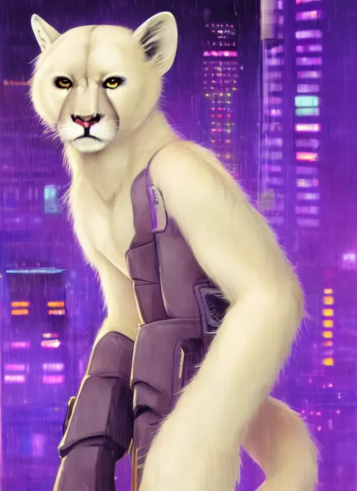 Image similar to award winning beautiful portrait commission of a male furry anthro albino mountain lion fursona with a tail and a cute beautiful attractive detailed furry face wearing stylish cyberpunk clothes in a cyberpunk city at night while it rains. Purple and Yellow. Character design by charlie bowater, ross tran, artgerm, and makoto shinkai, detailed, inked, western comic book art