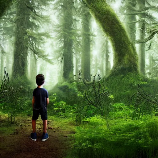 Prompt: in a background horror green forest, in foreground boy with shotgun, 8 k, ultra detailed