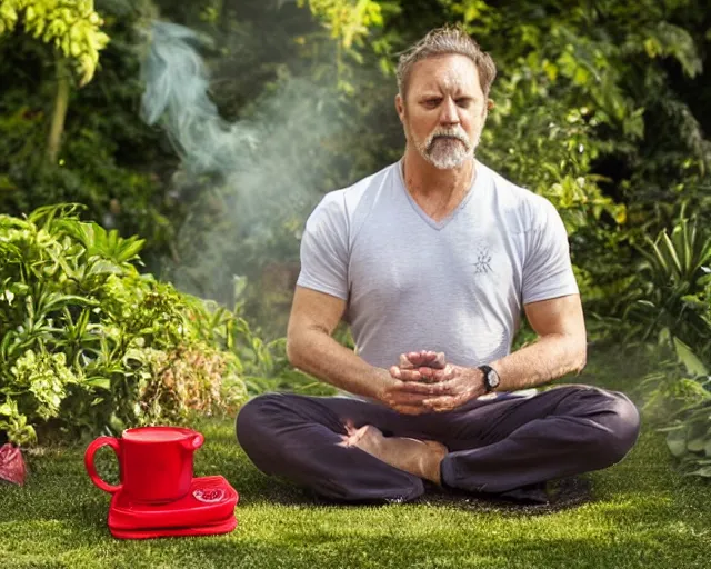 Image similar to mr robert is drinking fresh tea, smoke pot and meditate in a garden from spiral mug, detailed focused face, muscular hands, golden hour closeup photo, red elegant shirt, eyes wide open, ymmm and that smell