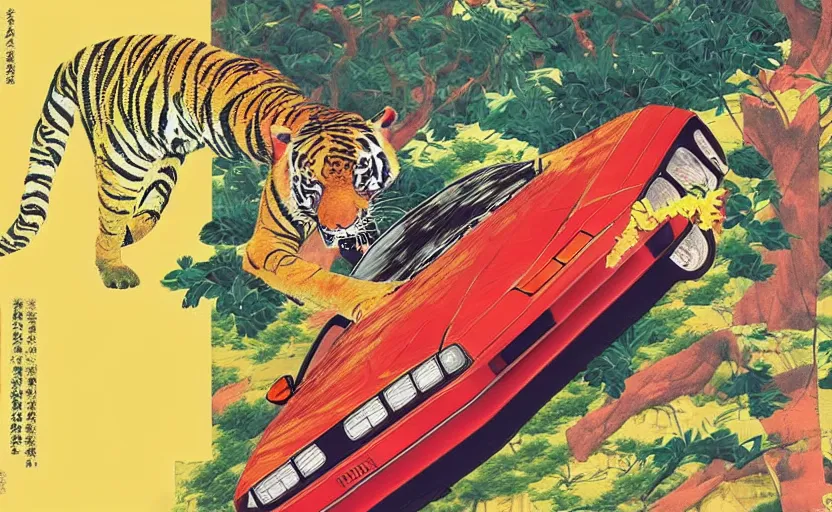 Image similar to a red delorean with a yellow tiger, art by hsiao - ron cheng and utagawa kunisada in a magazine collage, # de 9 5 f 0