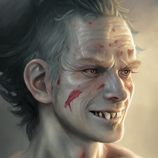 Image similar to a detailed matte head - on portrait painting of an ugly halfling man, with a large scar and missing teeth portrait by charlie bowater, lise deharme, wlop, tending on arstation, dungeons and dragon, dnd, pathfinder, fanart, oil on canvas