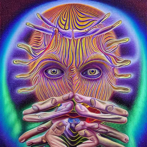 Prompt: painting by alex grey