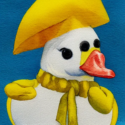 Prompt: watercolor yellow duck with party hat and middle finger pointing up, white background, highly detailed, art,