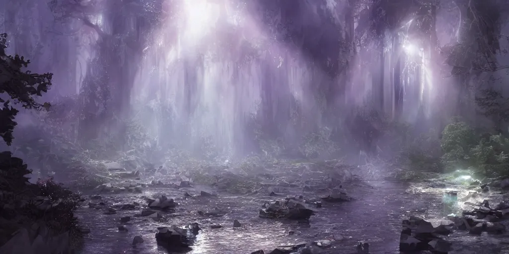 Image similar to ruby, sapphire, celestine, moonstone, amethyst, garnet, emerald and pearl in the river, concept art, fantasy, gothic cathedral, light through the mist, dramatic lighting, photorealistic, cinematic lighting, high detail, cinematic feel, high octane, 4K, Unreal Engine, digital render, intricate, ultra realistic, crepuscular ray, low angle, superwide shot, lunapunk