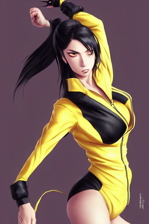 Image similar to black ponytail hair, pale woman in a black unzipped jacket and yellow bikini, yellow eyes, by artgerm, black backdrop, masterpiece, beautiful render, matte painting, realistic, fighting pose, dynamic angle, beautiful face, young half asian woman, by greg rutkowski makoto shinkai takashi takeuchi