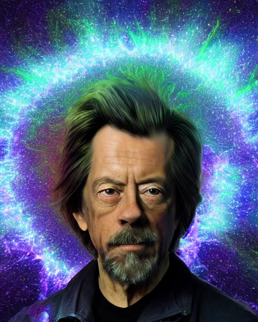 Image similar to alan watts floating in a nebula explosion wormhole portrait painting highly detailed procreate, 3d render senior artist, photorealistic, textured, featured on artstation
