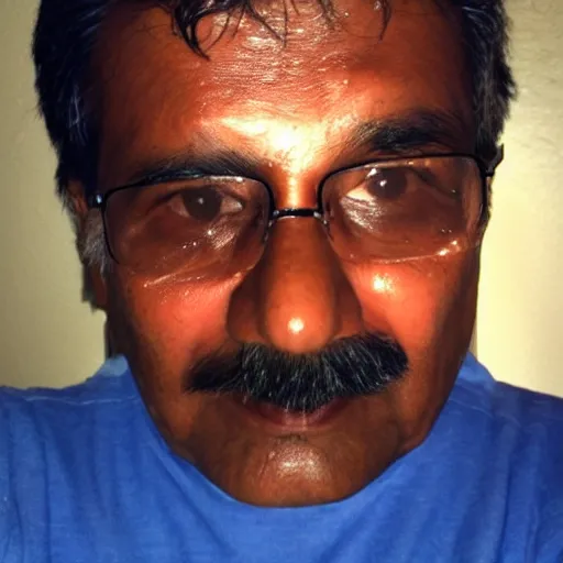 Image similar to my indian dad accidentally taking a selfie with the front camera, squinting because the camera flash is so bright in his face