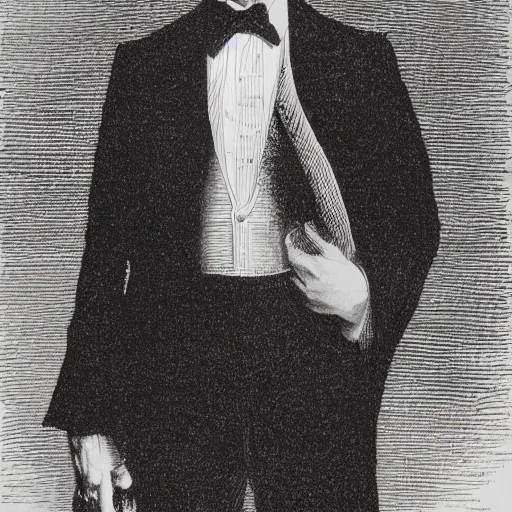 Prompt: portrait of Steve Vincent Buscemi in a tuxedo, realistic portrait, illustration by Gustave Doré