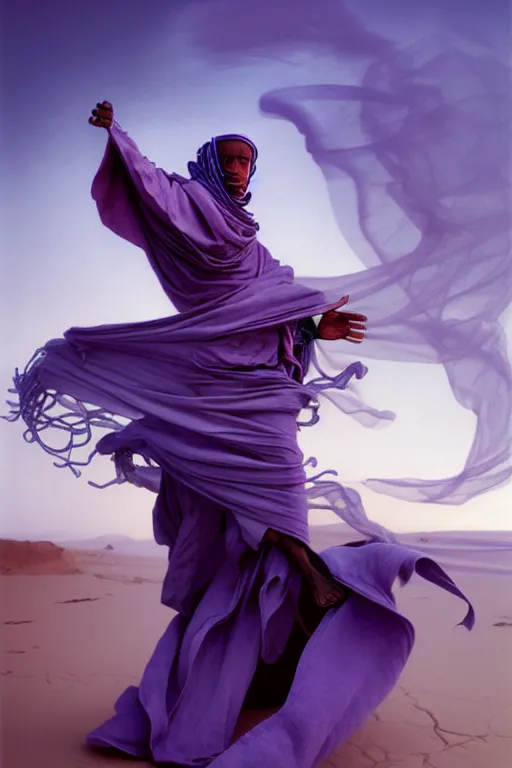 Prompt: full lenght flowing twisted clothes like tornado a old tuareg woman, many fabric, stones near foot, wind, stands on sand, full body shot, dark background, pastel purple colour scheme, jellyfish phoenix, highly detailed. by caravaggio, greg rutkowski