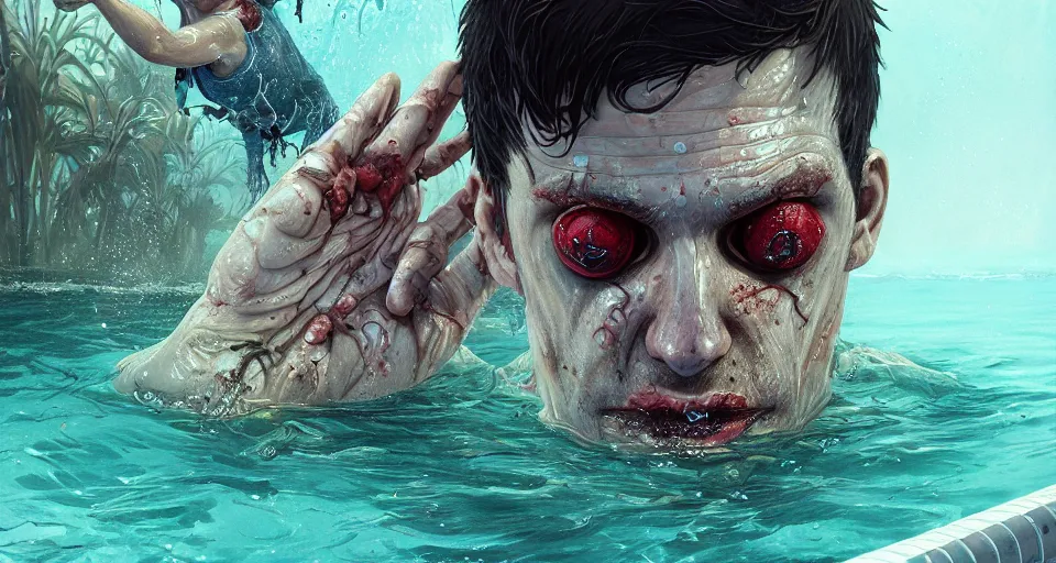 Image similar to highly detailed portrait of a swimmer zombie gta v in a swimming pool, horrible rotting flesh, stephen bliss, unreal engine, fantasy art by greg rutkowski, loish, rhads, ferdinand knab, makoto shinkai and lois van baarle, ilya kuvshinov, rossdraws, tom bagshaw, global illumination, detailed and intricate environment