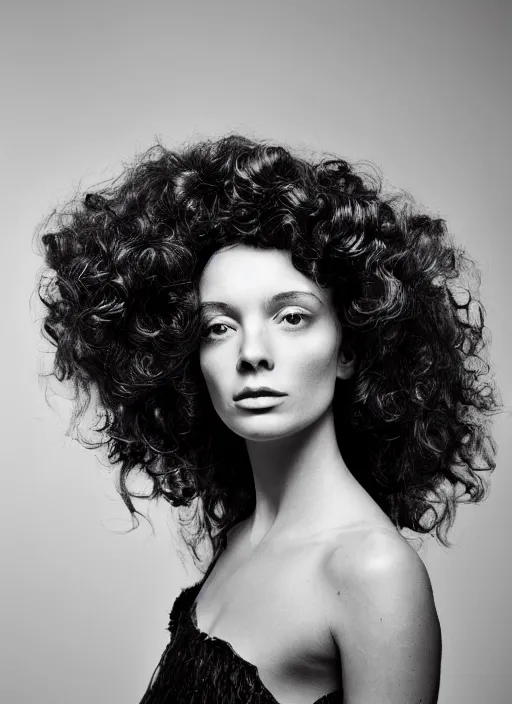 Prompt: a portrait of a woman by justin ridler, beautiful, elegant, big curly hair