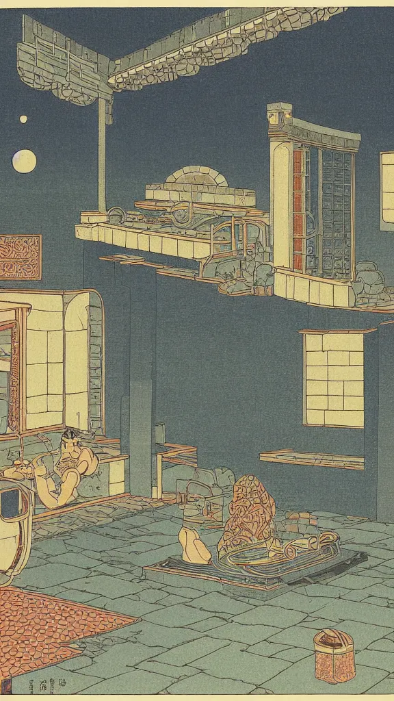 Image similar to a beautiful ancient bathhouse with a bathing alien creature at midnight by hasui kawase