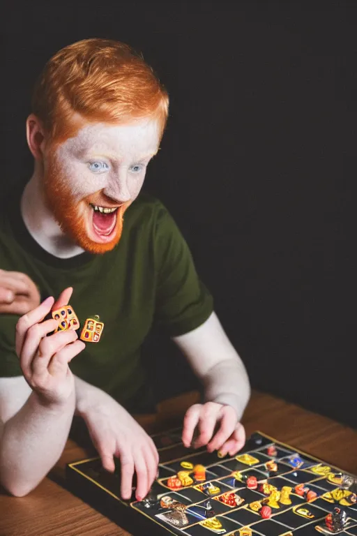 Prompt: 3 / 4 body photo of a young ginger men with disgusting! teeth, playing a boardgame, nerdy appearance, smooth, sharp, 8 5 mm, f / 1. 3