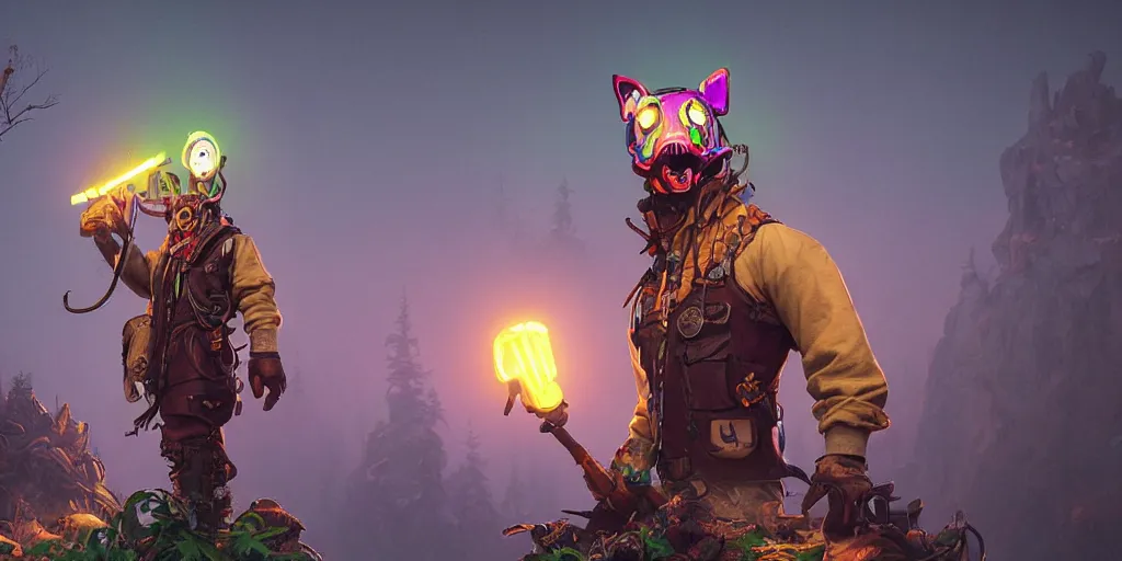 Image similar to woodsman wearing a steampunk and neonpunk mechanical fluorescent mystical animal mask in strange misty mountain landscape. fight with night monsters, night, realism in style of fornite game, 4 k, octane render, artwork by tooth wu and wlop and beeple and greg rutkowski, ambient occlusion