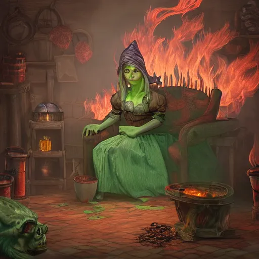 Image similar to wide shot of an old fire witch brewing in the style of flooko, detailed, fire, smoke, realism, realistic, hyper detailed, green lighting, ambient lighting, smoke, haze,