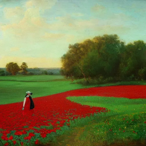 Image similar to a field of red roses with a lady in blue walking in the middle of the field, oil on canvas, bloom, morning, high detail