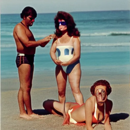 Prompt: 1981 woman on tv show wearing a squishy inflatable prosthetic mask long stick nose, soft color wearing a swimsuit at the beach 1981 color film 16mm holding a an inflatable animal Fellini John Waters Russ Meyer Doris Wishman old photo